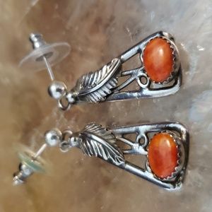 Vintage Native American Signed Sterling Silver and Natural Coral Post Earrings